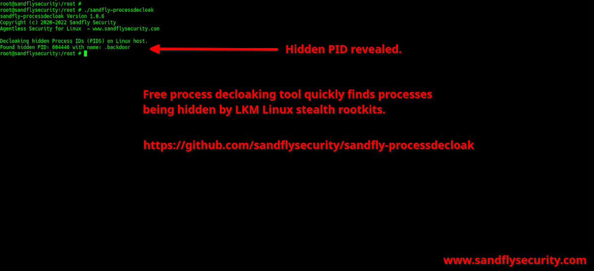 sandfly-processdecloak instantly decloaks hidden process on Linux.