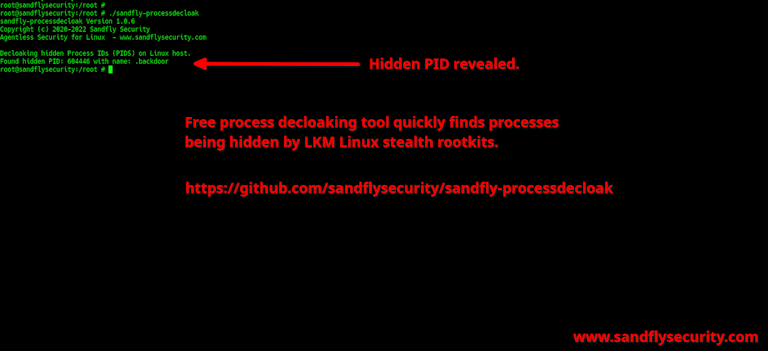 sandfly-processdecloak instantly decloaks hidden process on Linux.