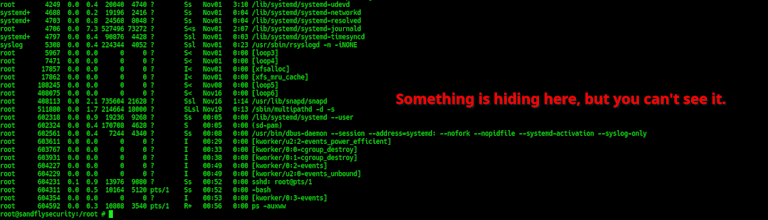 Linux stealth rootkit hiding a process from listing.