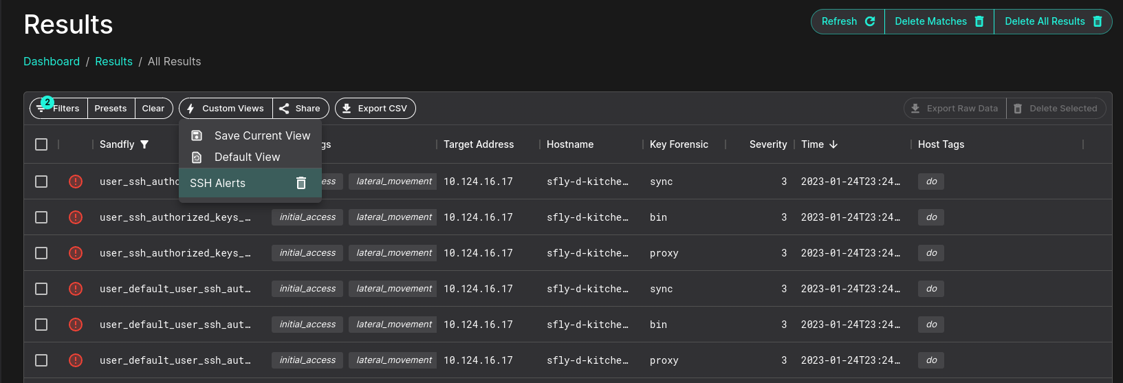 Custom SSH filter view.