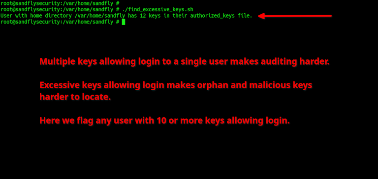 Excessive SSH keys allowing login is a security risk on Linux.