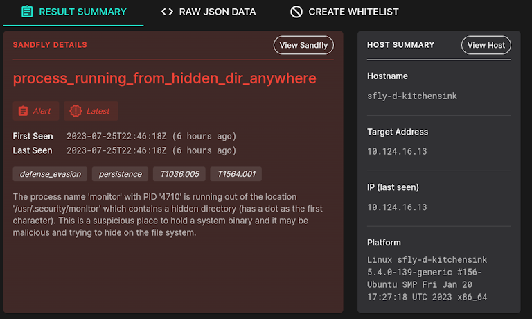 Sandfly alert on binary running from hidden directory.