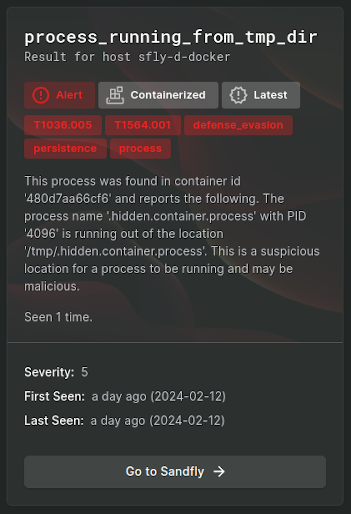Sandfly locates suspicious process inside a Linux container.