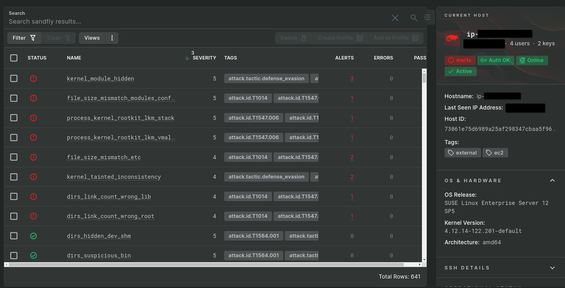A Linux stealth rootkit shows many alerts with agentless Sandfly hunting for it.