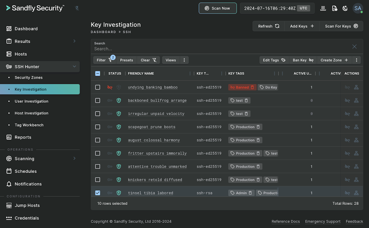Sandfly alert detail page showing a list of SSH keys found across a system where one is banned.