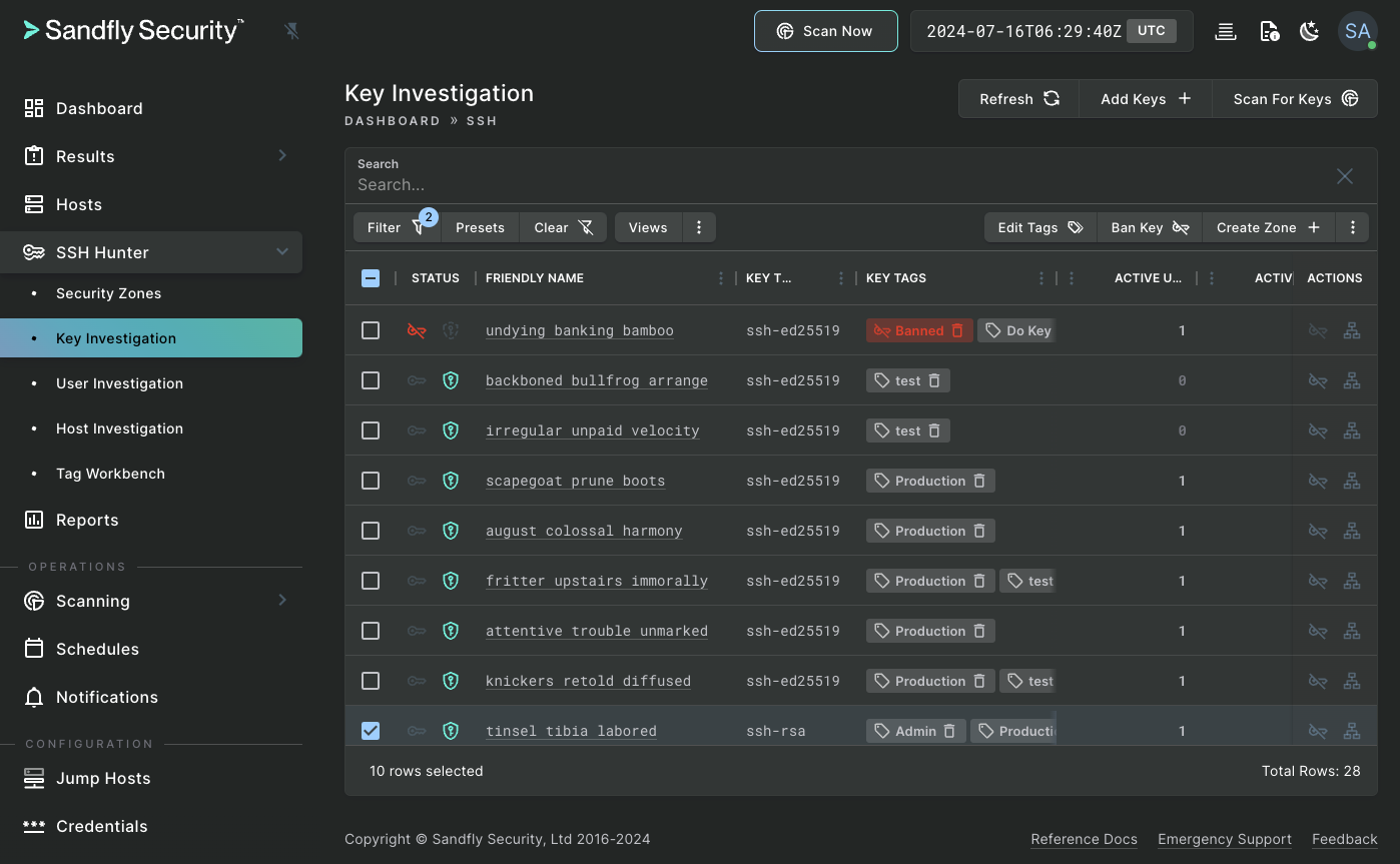 Sandfly alert detail page showing a list of SSH keys found across a system where one is banned.