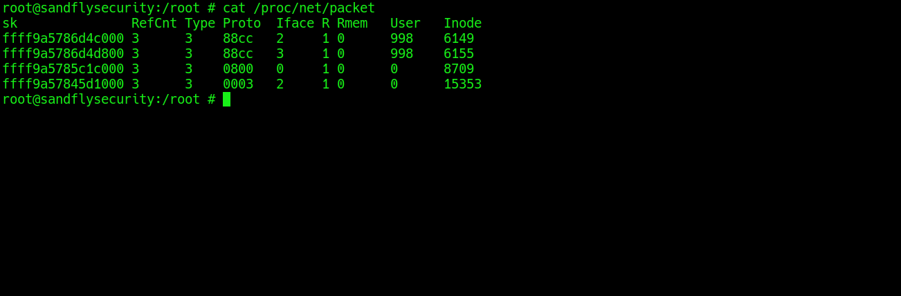/proc/net/packet showing sniffer activity on Linux.