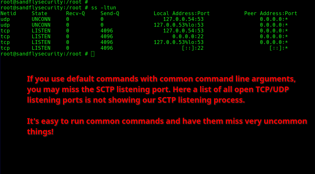 SCTP sockets will not show unless you look for them.
