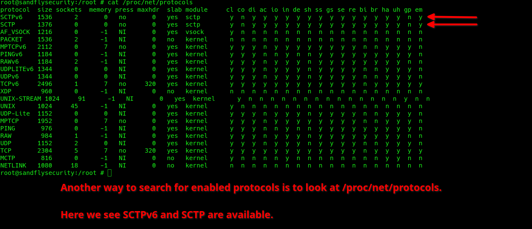 The /proc/net/protocols file shows all protocols enabled in the Linux kernel.