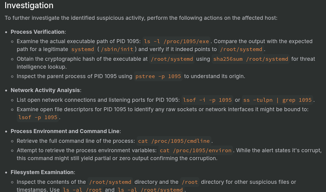 LLM investigation suggestions for suspicious Linux process.