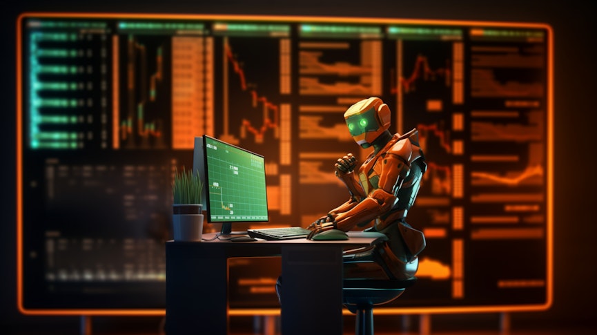 A robot sitting behind a computer screen graphs economy