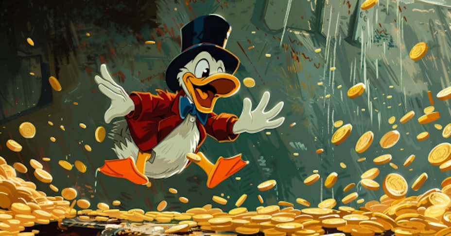 Dagobert Duck surrounded by gold coins