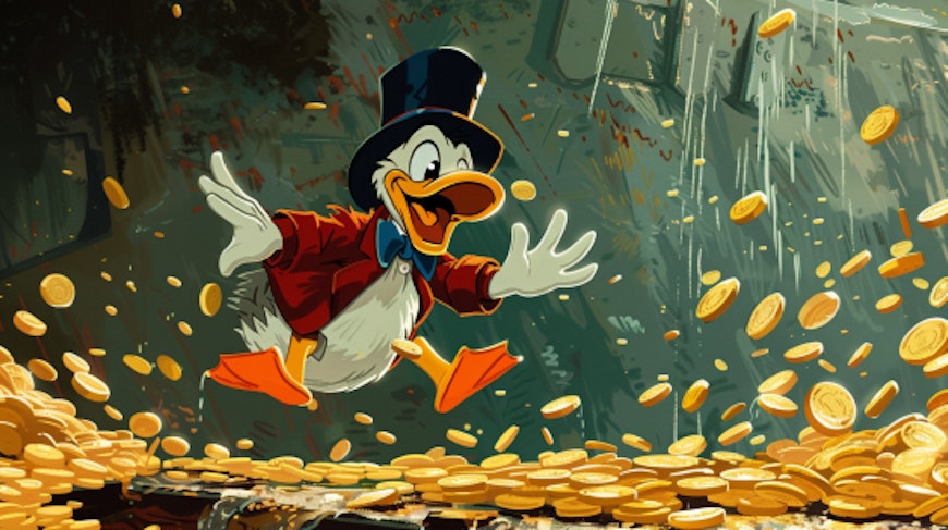Dagobert Duck surrounded by gold coins