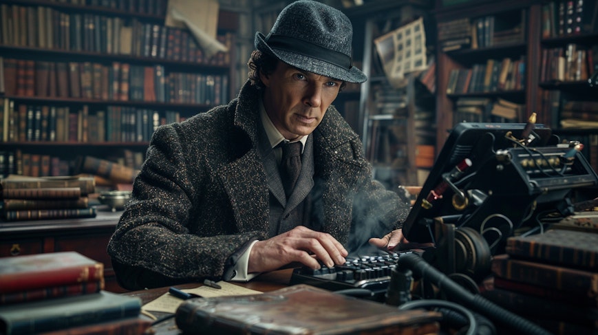 Sherlock Holmes investigating a computer