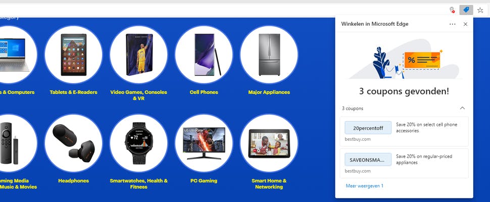 Edge-browser toont kortingscodes bij bezoeken webshops