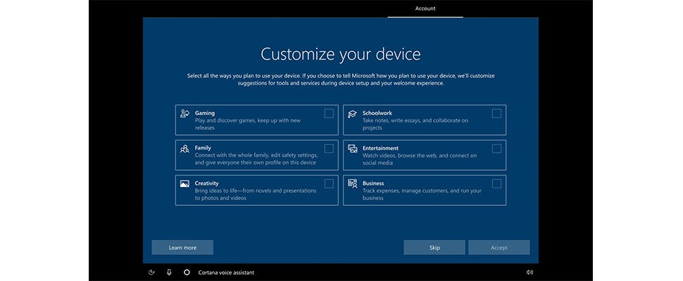 Windows 10-installatie vraagt: waarvoor gebruik je de pc?