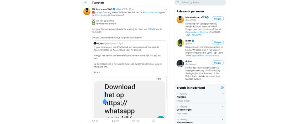 Phishing-sms rond corona-app in omloop