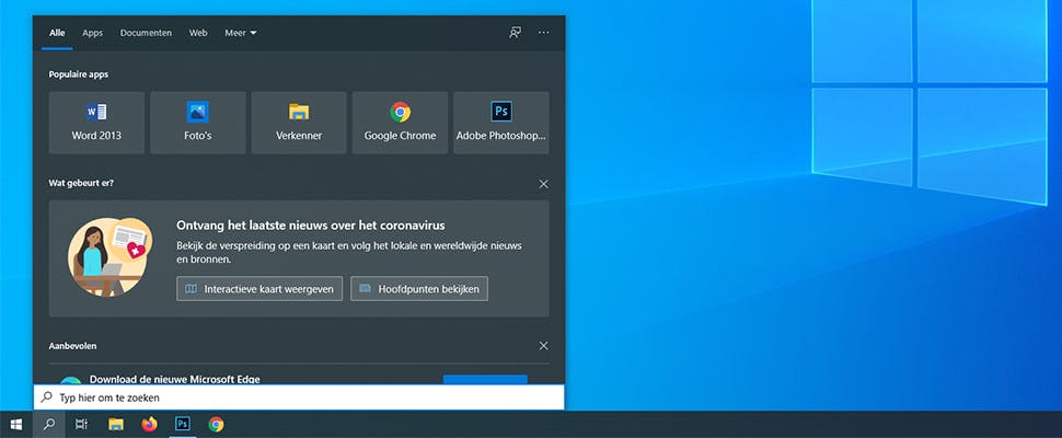 Zoekbalk Windows 10 toont laatste coronanieuws