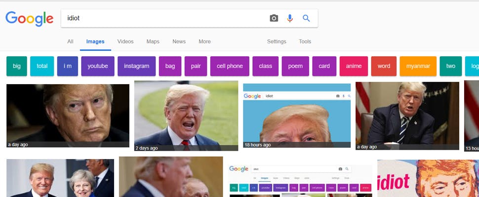Wie op Google naar 'idioot' zoekt, vindt massaal Trump