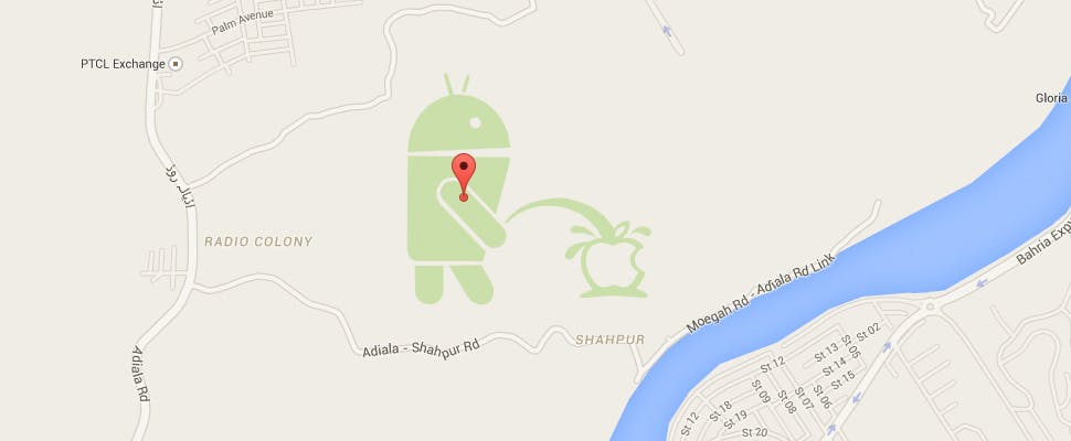 Android-logo plast op Apple-logo in Google Maps