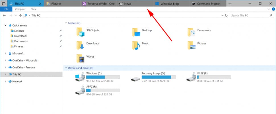 Microsoft toont tabbladen in Windows 10