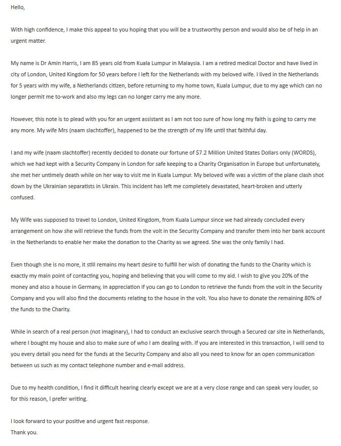 "Journalist" wil geld voor spullen van vliegtuigcrash