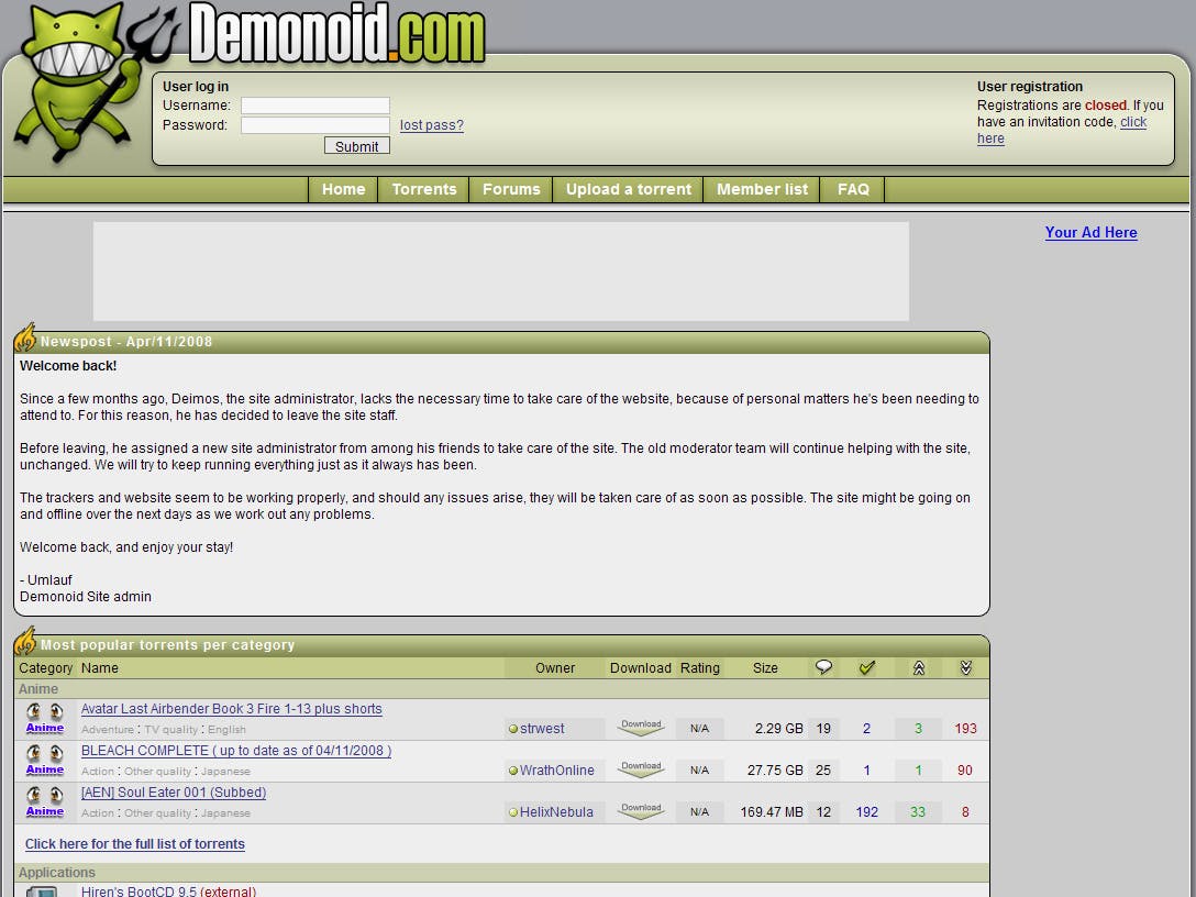 BitTorrenttracker Demonoid is terug