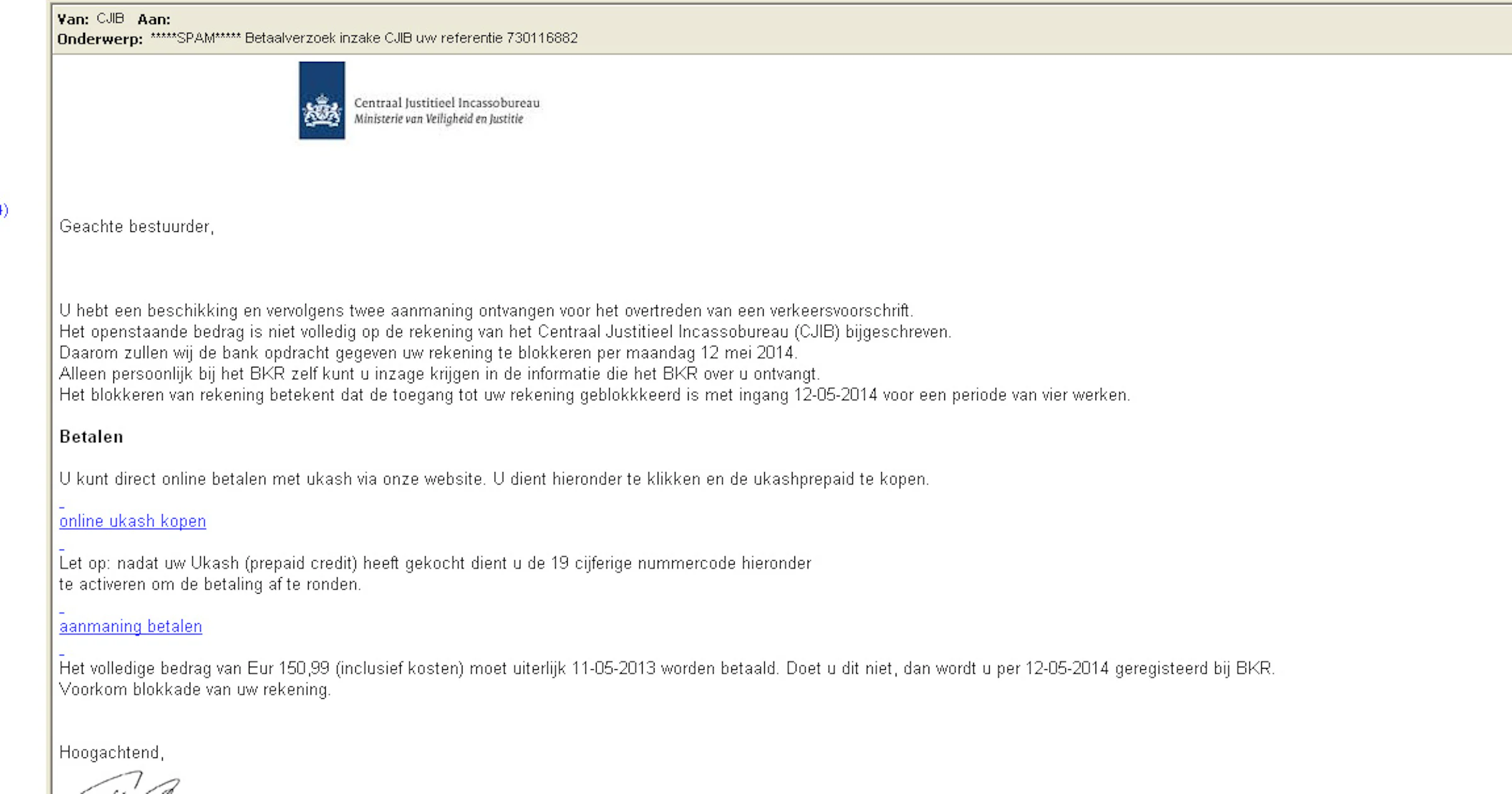 CJIB waarschuwt voor Ukash-phihingmails