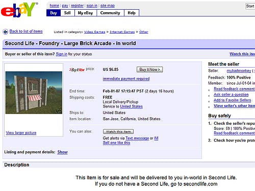 Second Life mag virtuele spullen verkopen via eBay
