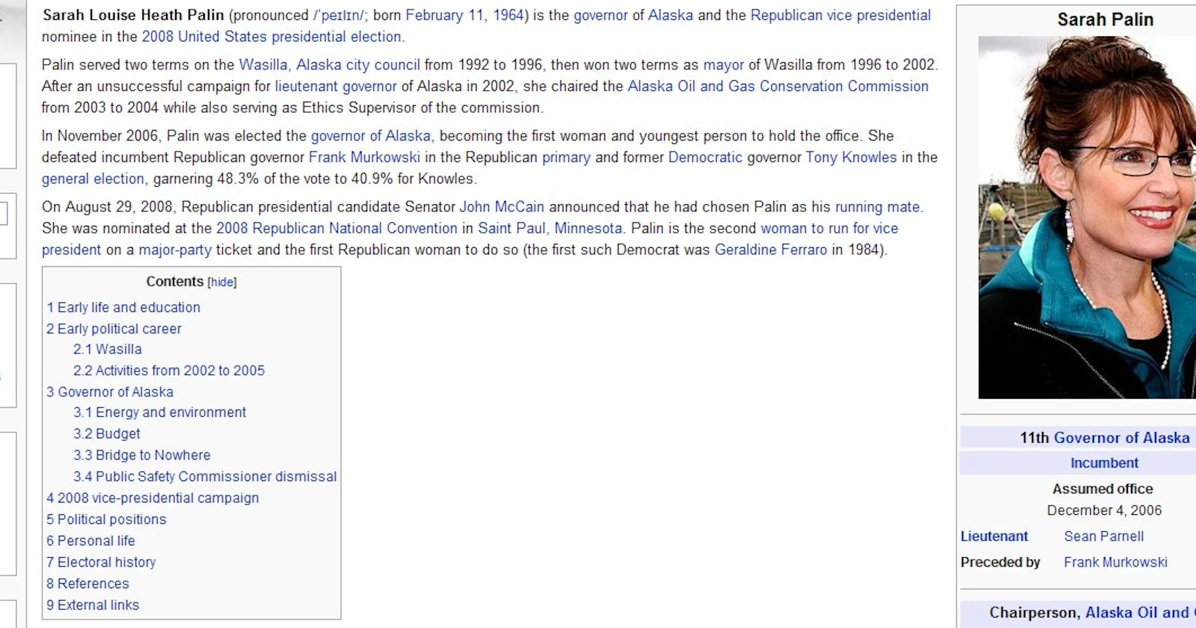 Wikipedia doet artikel Sarah Palin op slot