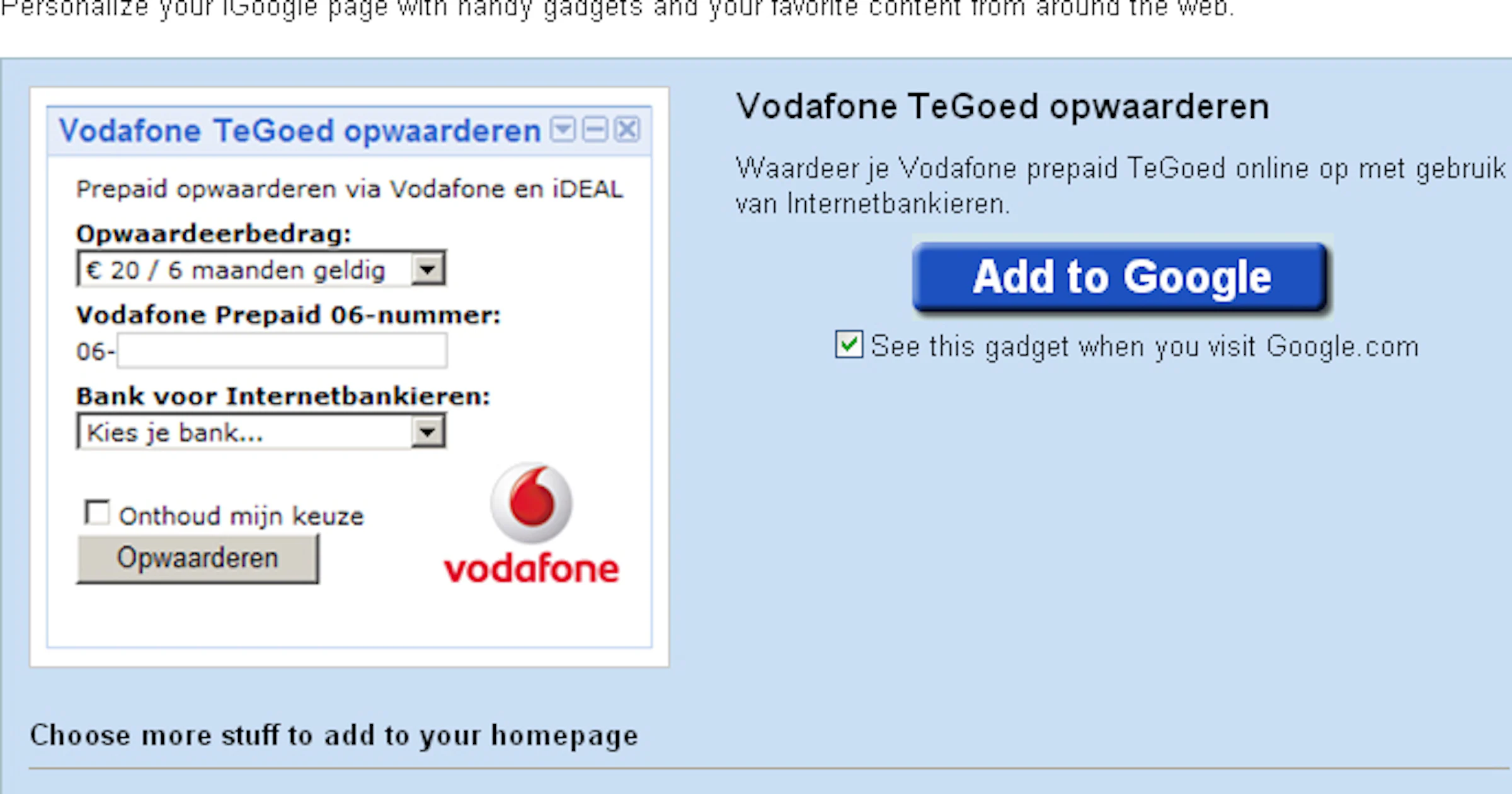 Vodafone komt met widget voor prepaid opwaarderen