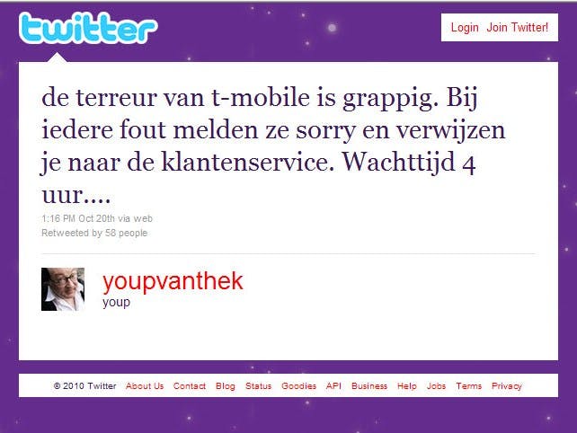 Twitterende Youp van 't Hek kost T-Mobile tonnen

