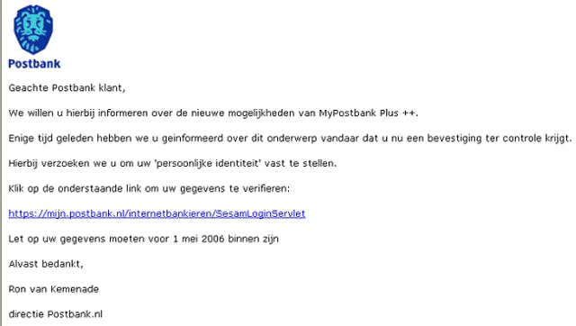 Weer valse Postbank-mail in omloop