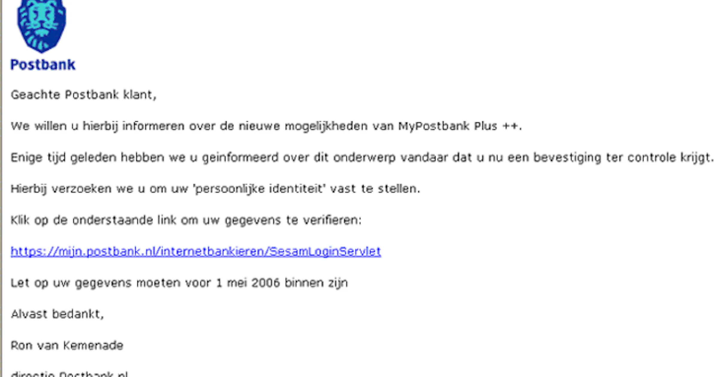 Weer valse Postbank-mail in omloop
