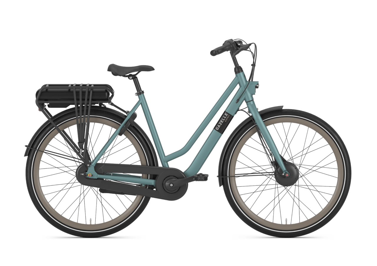 Deze Gazelle-stadsfiets heeft een accu van 450Wh en komt volgens de fabrikant tussen 40 en 75 kilometer op een acculading.