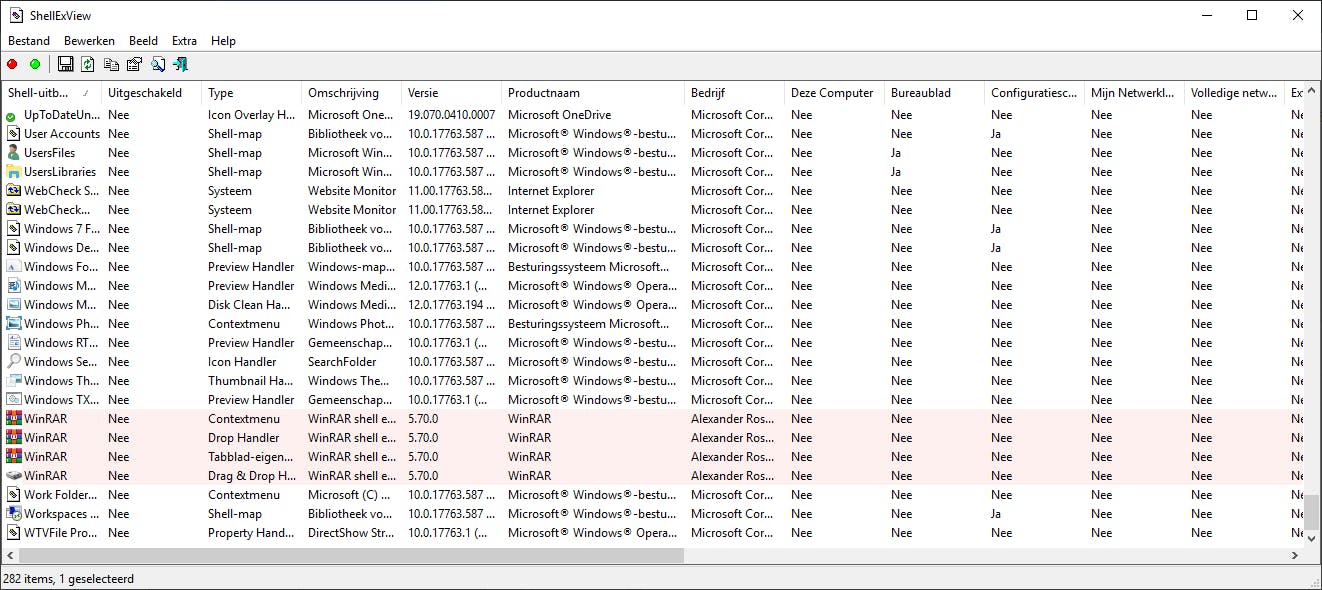 ShellExView - Welke componenten zijn toegevoegd aan de grafische schil van Windows?