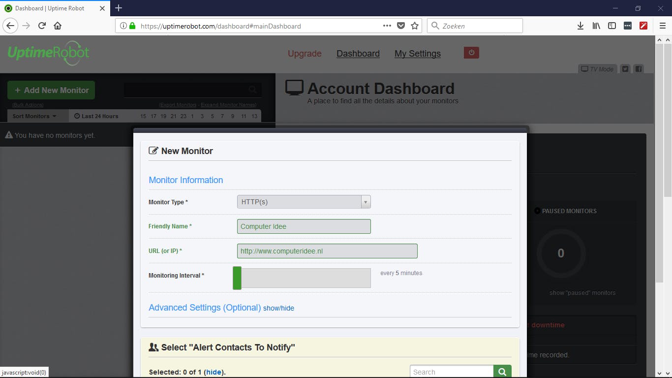 UptimeRobot - Test de bereikbaarheid van websites en computers