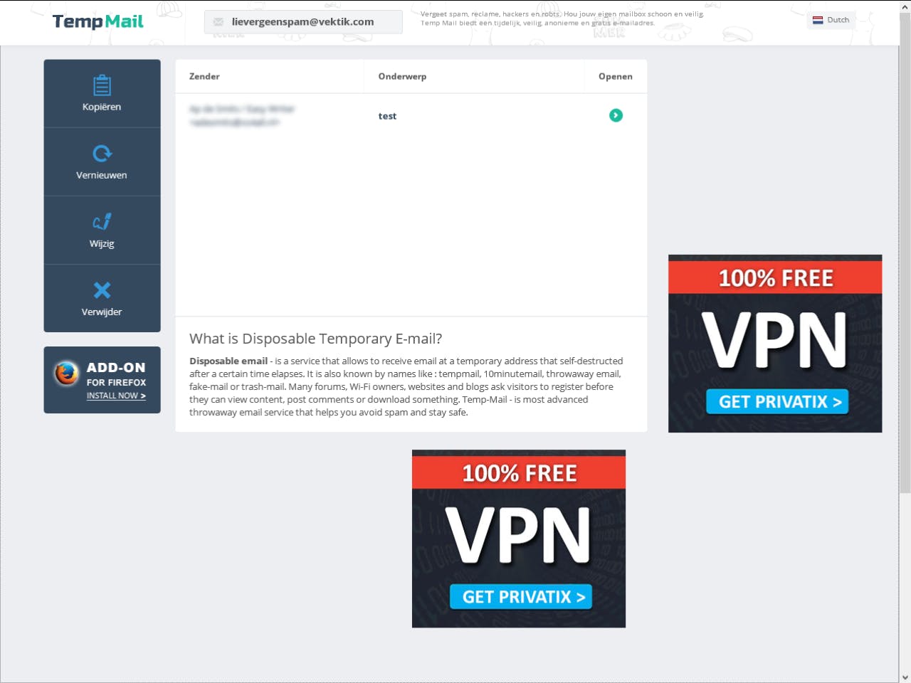 TempMail - maak een tijdelijk e-mailadres