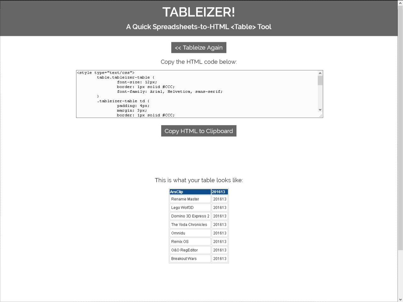 Tableizer - Maak een html-tabel van een Excel-spreadsheet