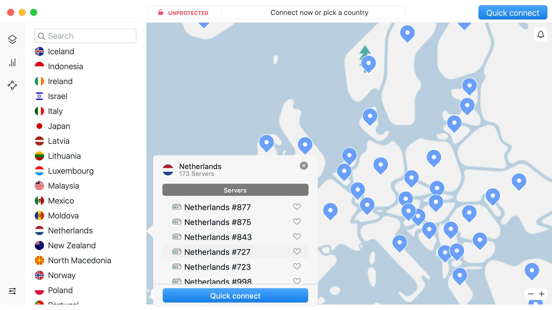 Een overvloed aan serverlocaties bij NordVPN.