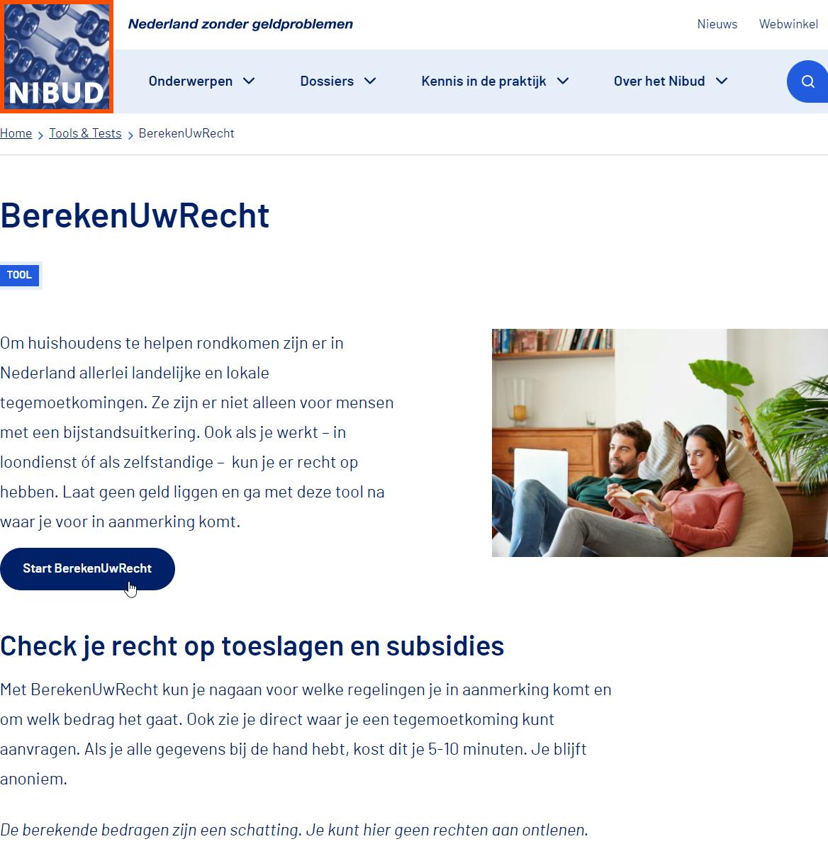 Screenshot van de rekentool BerekenUwRecht op de site van het Nibud