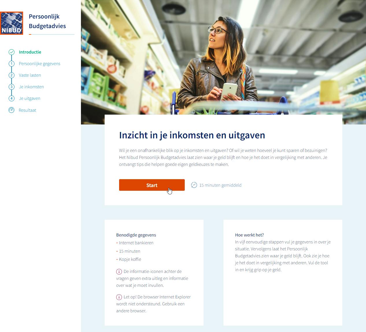 Screenshot van de rekentool Persoonlijk Budgetadvies op de site van het Nibud