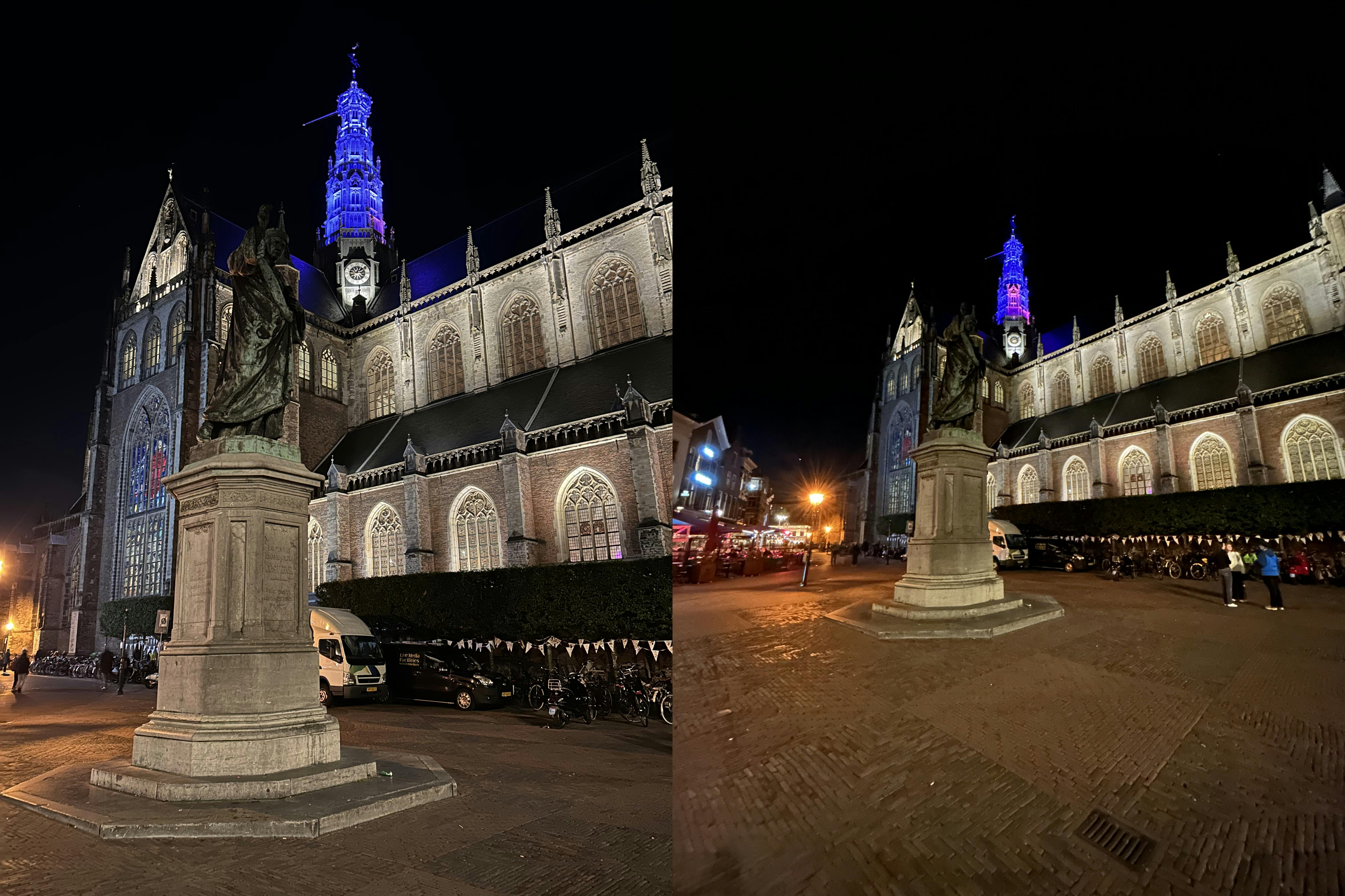De overgang tussen standbeeld en lucht is voor de groothoeklens iets te veel gevraagd.