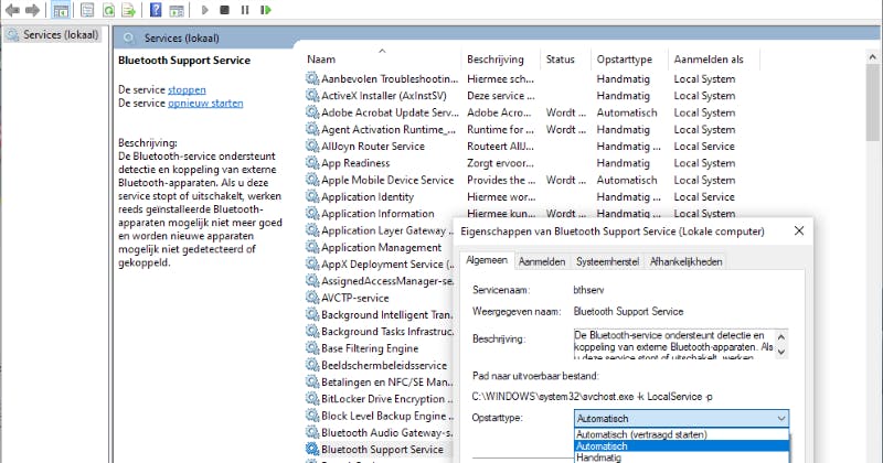 Laat de Bluetooth Support Service automatisch opstarten.
