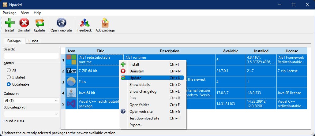 De grafische gebruikersinterface van Npackd oogt best overzichtelijk.