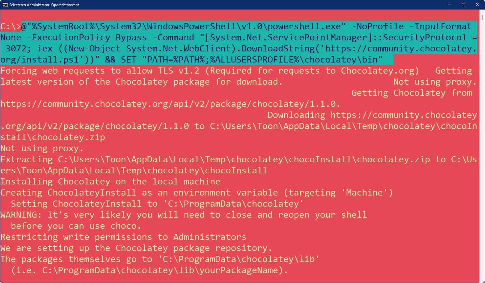 Een complex commando zorgt voor een pijnloze en snelle installatie van Chocolatey.