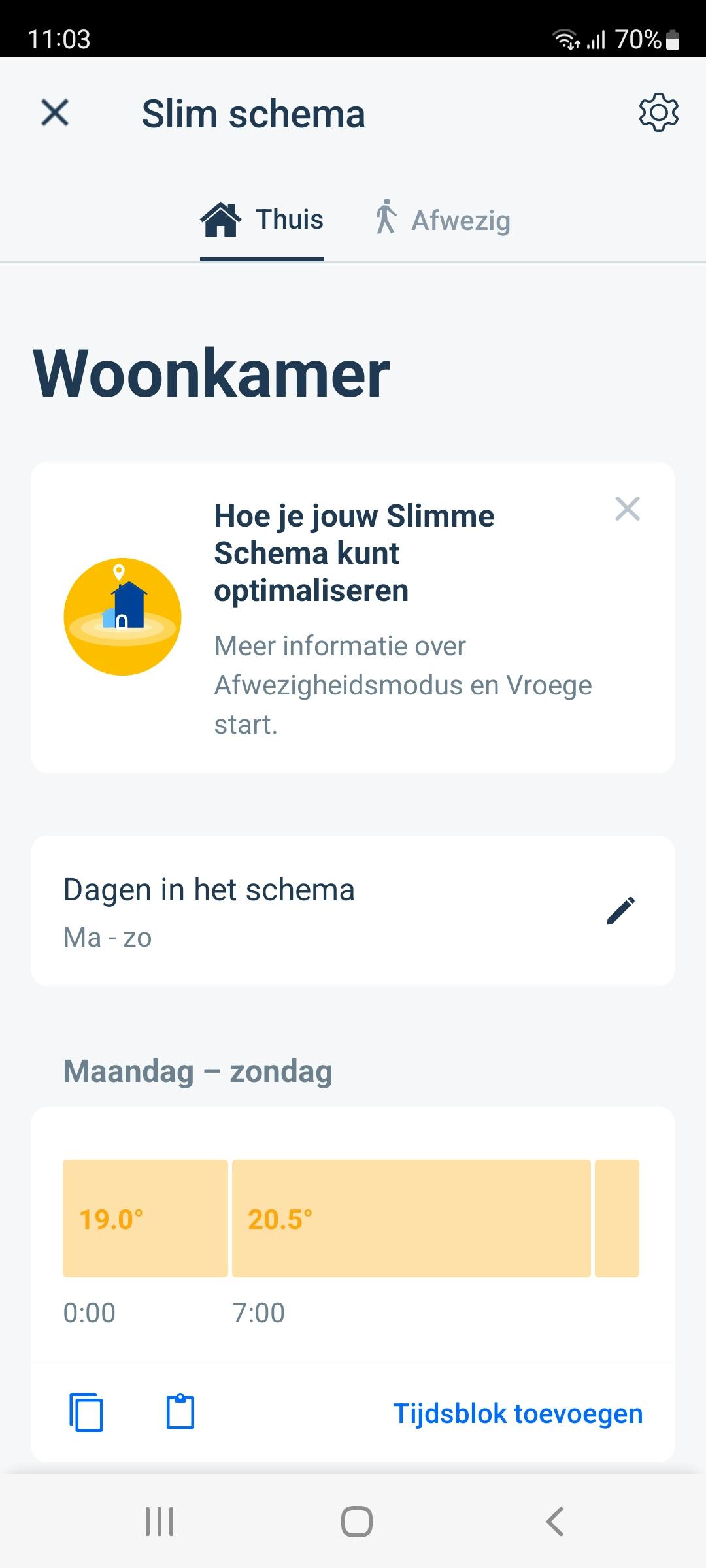 Met een slim schema kun je per ruimte en dagdeel de gewenste temperatuur kiezen.
