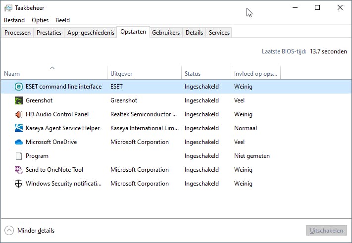 In het Windows 10 Taakbeheer zie je de programma's die met Windows starten.